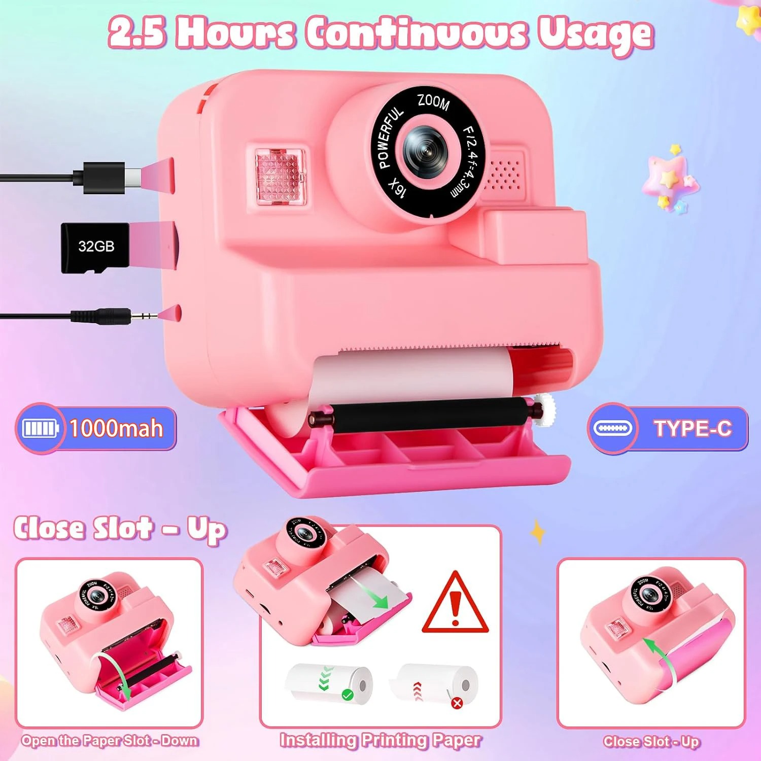newInstant Print Camera With 3 - Kids Toys Top View review and price