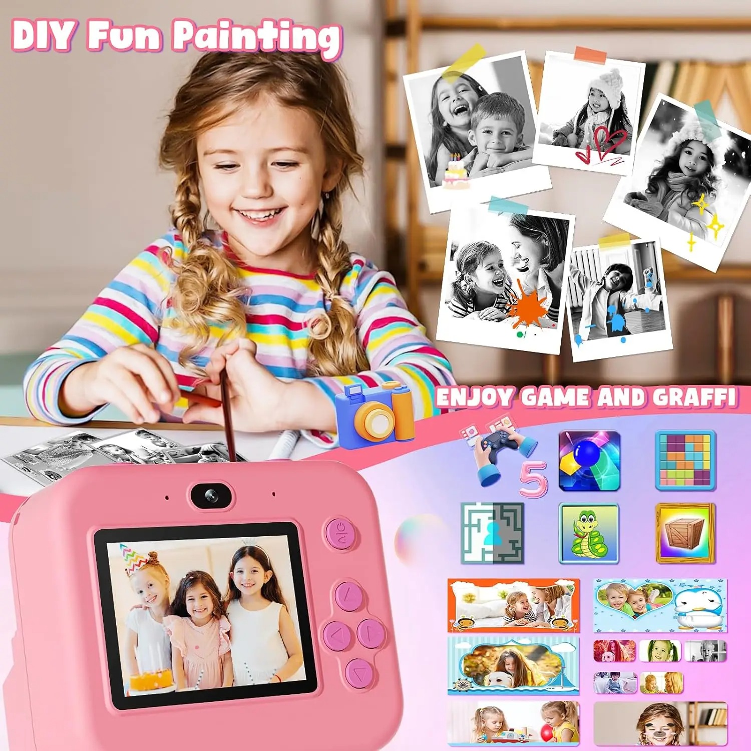 newInstant Print Camera With 3 - Kids Toys Top View review and price
